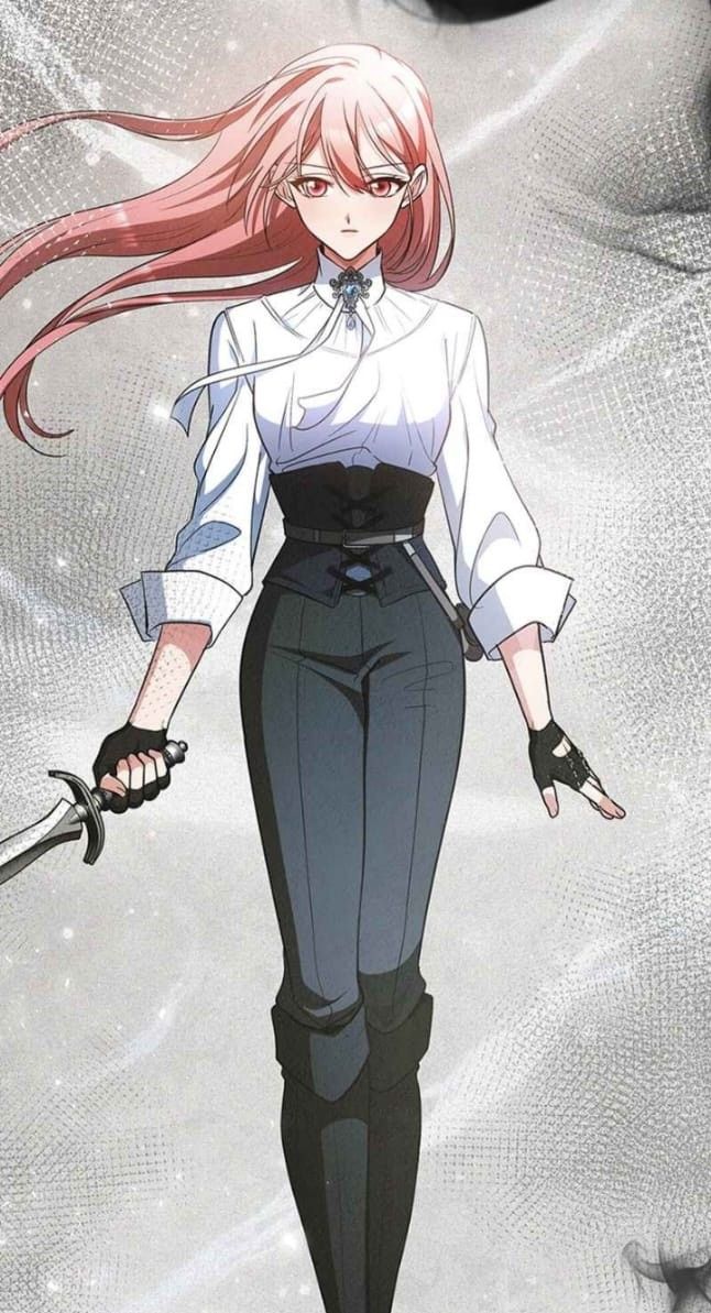 an anime character with long red hair and black pants, holding two swords in her hand