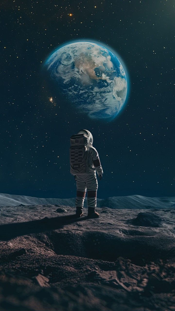 an astronaut standing on the moon looking at the earth