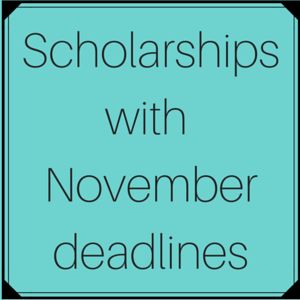 a blue square with the words scholarshipss with october deadlines in black on it