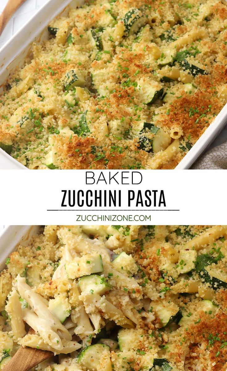 baked zucchini pasta in a white casserole dish