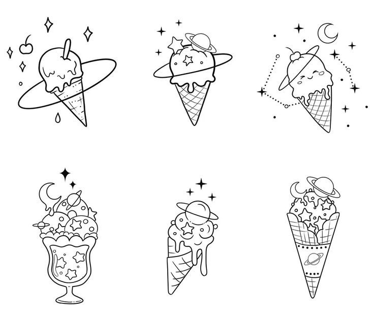 six different ice creams with stars and planets on them, all in black and white