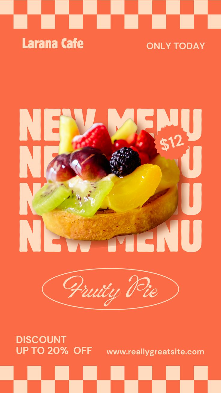 an advertisement for a new menu with fruit on the top and below it's name