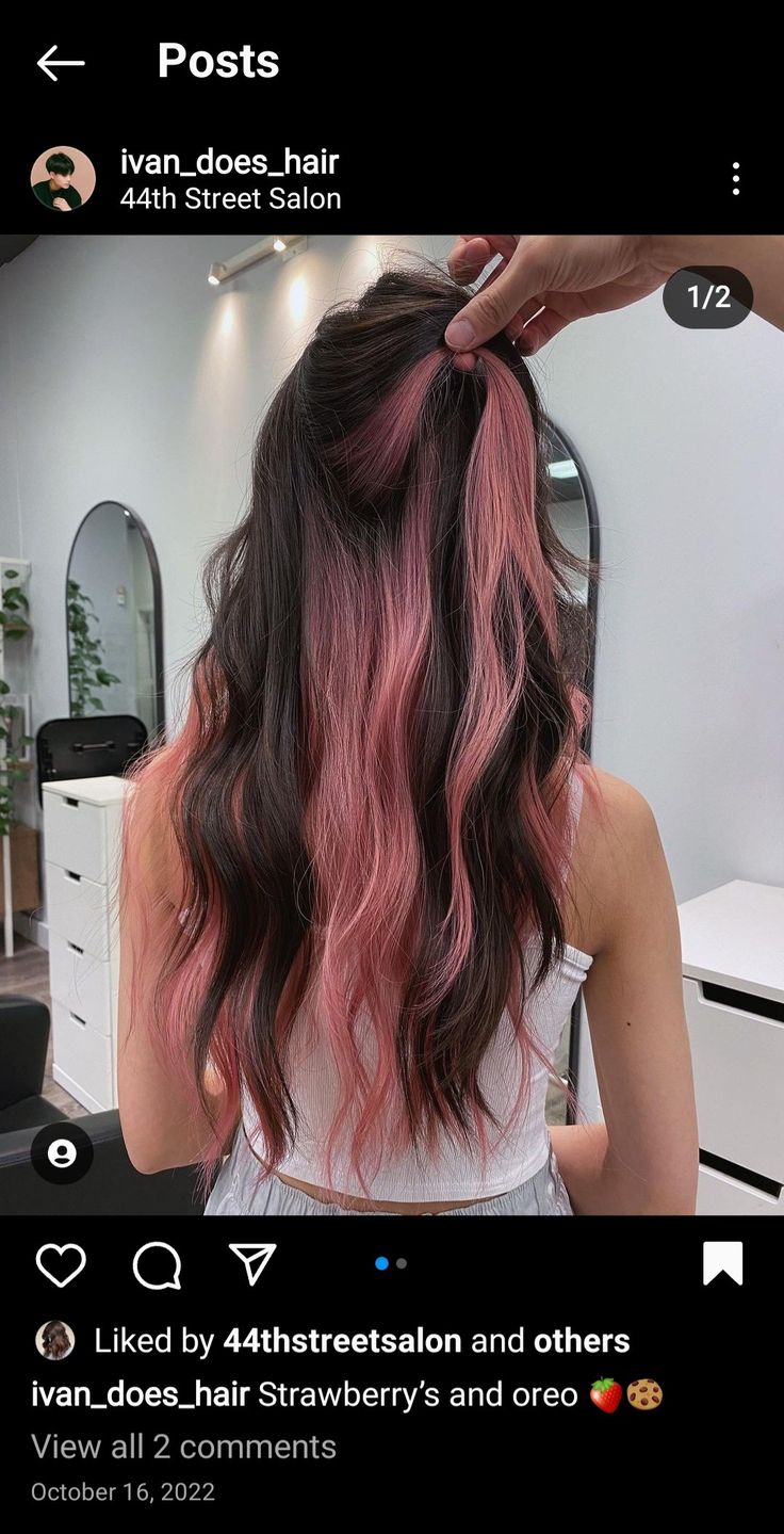 Peekaboo Fashion Color Hair, Light Pink Peekaboo Hair Dark Brown, Hair Color Inspo Asian, Brunette Hair With Pink Peekaboo, Pink Peekaboo Hair Brown, Brown Hair Pink Peekaboo, Dark Brown Hair With Pink Highlights Underneath, Pisces Hair Color, Pic A Boo Hair Color