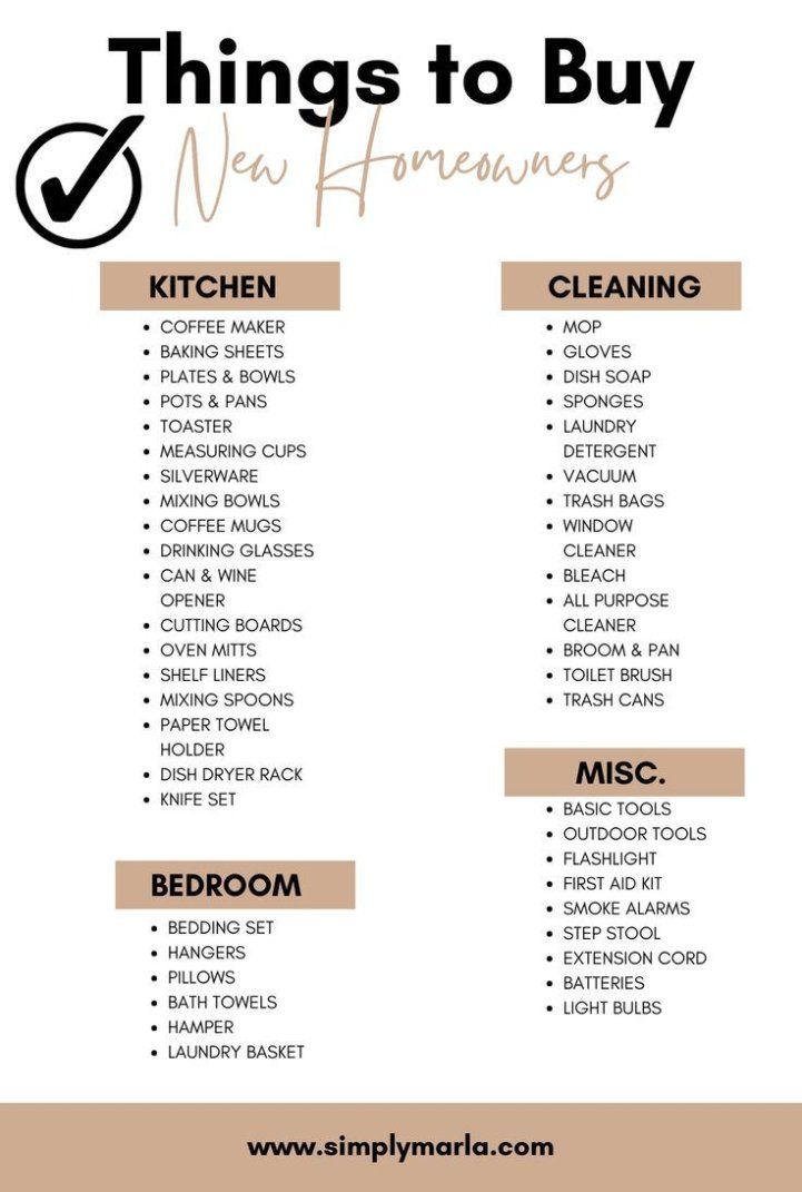 Here is the ultimate list of things you need to buy for your first home! From plates to hangers, we have for you the best new homeowner checklist! First Home Furniture Checklist, Household Essentials List, Buying A House Checklist, Homeowner Checklist, First Home Essentials, First Home Checklist, Kitchen Checklist, Home Checklist, House Checklist