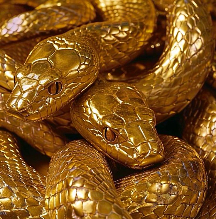 gold colored snakes are stacked on top of each other