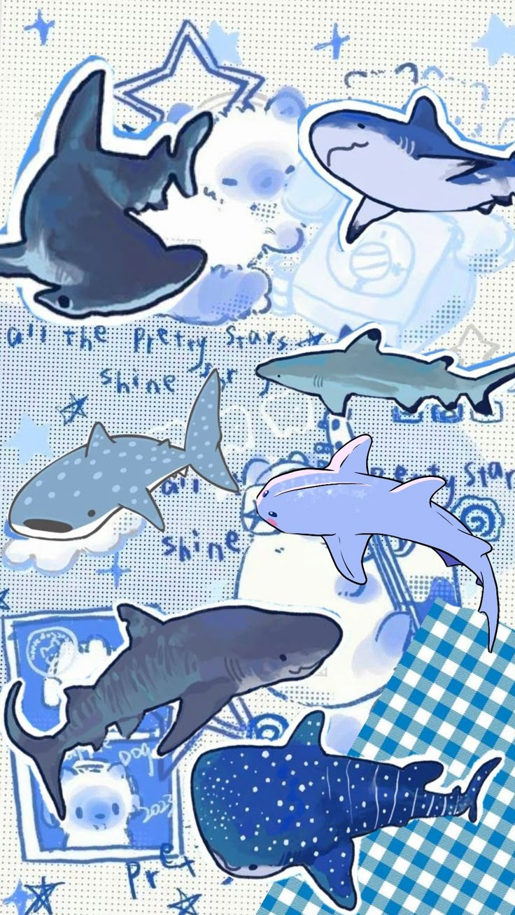 several different types of sharks on a blue and white background