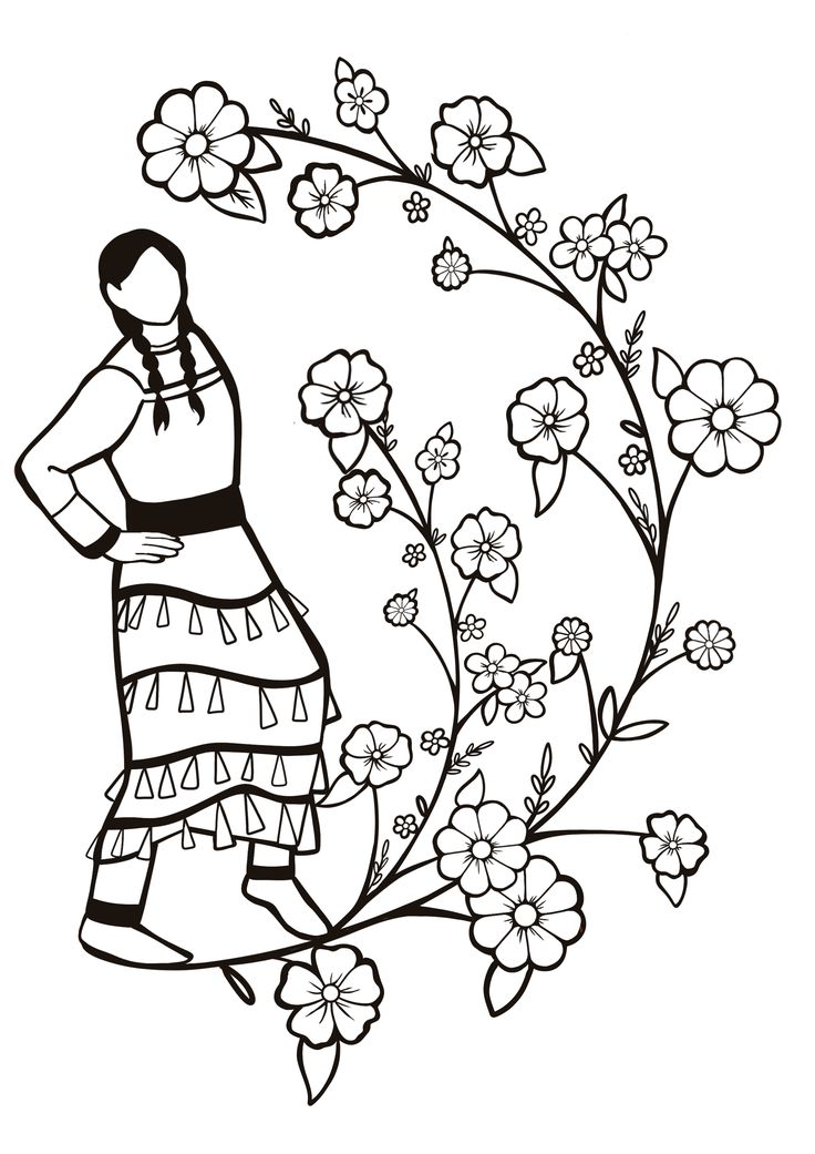 a drawing of a woman standing in front of flowers