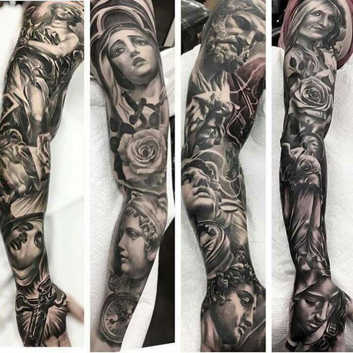 tattoos on the arm and leg of a man with many different images of people in them