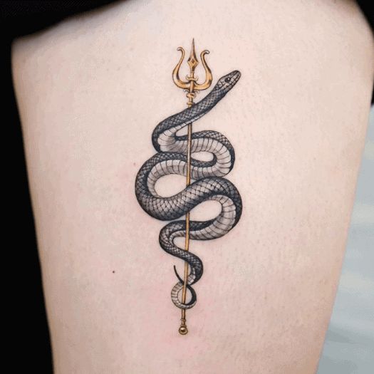 a snake and dagger tattoo on the back of a woman's lower body,