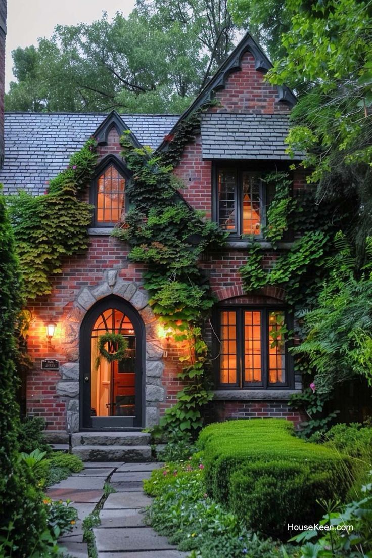 a brick house with ivy growing all over it