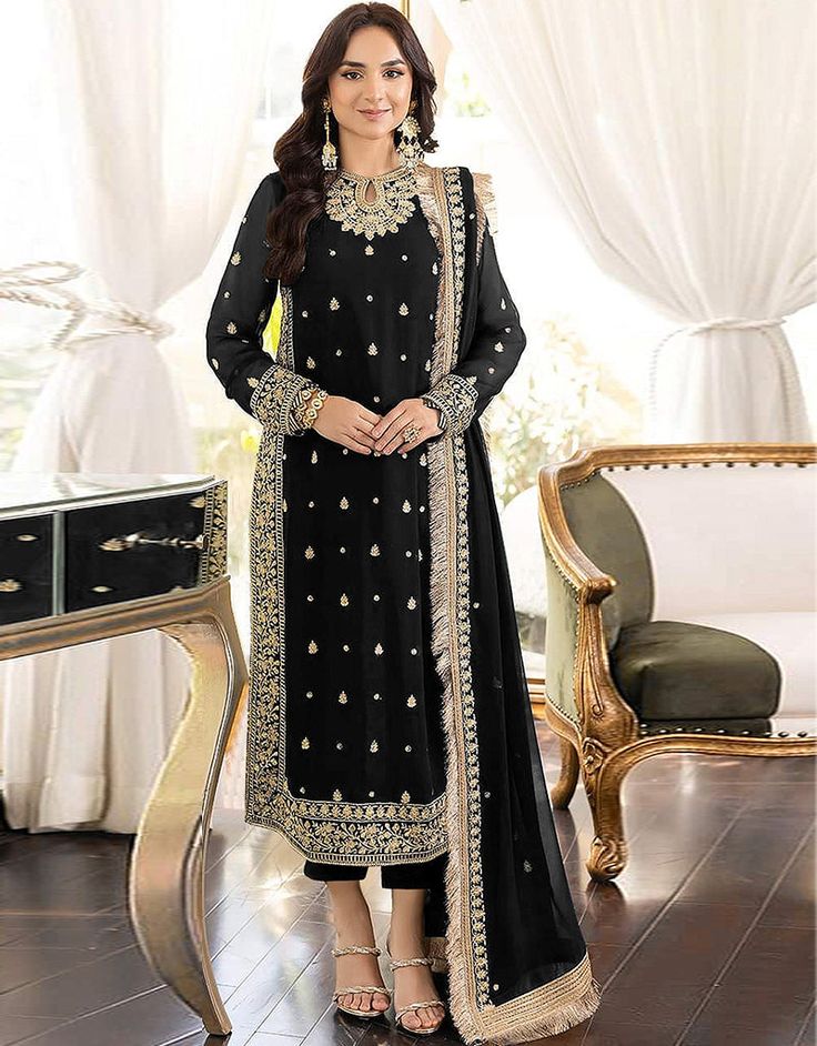 Radiate elegance with our Designer Party Wear Faux Georgette Pakistani Suit in Black! 🖤 Elevate your style with this stunning ensemble that exudes grace and allure. Make a statement with this chic Pakistani suit. 💃 #ArabicAttire #PakistaniSuits #DesignerPartyWear Luxury Black Designer Wear Unstitched Suit, Luxury Elegant Black Lawn Suit, Luxury Black Fitted Lawn Suit, Black Winter Wedding Sets, Black Embroidered Long Sleeve Suit, Black Winter Party Suits, Festive Embellished Black Sets, Black Festive Sets For Party Season, Black Festive Set For Party Season