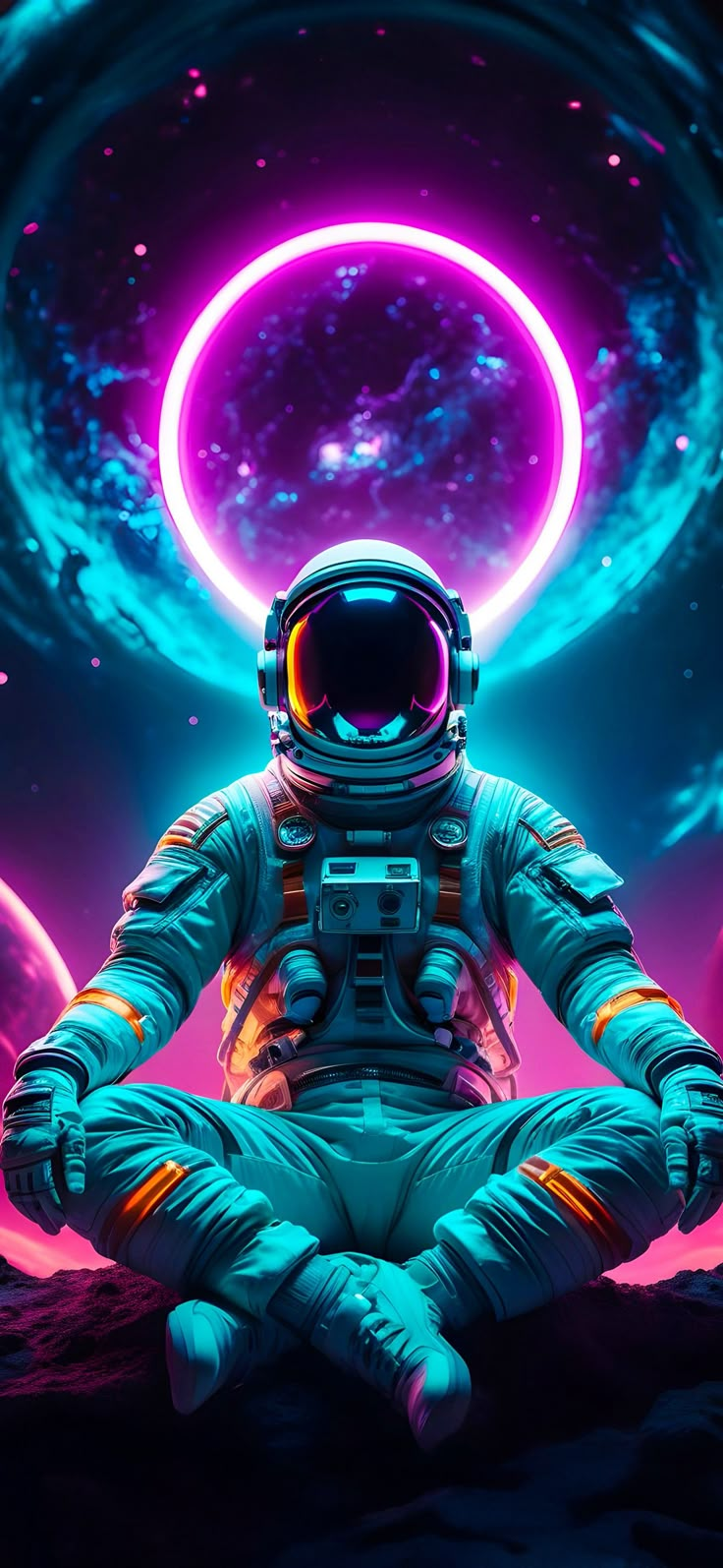 an astronaut sitting in the middle of a space filled with stars