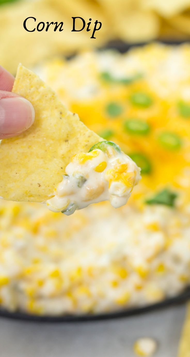 a hand holding a tortilla chip with corn dip