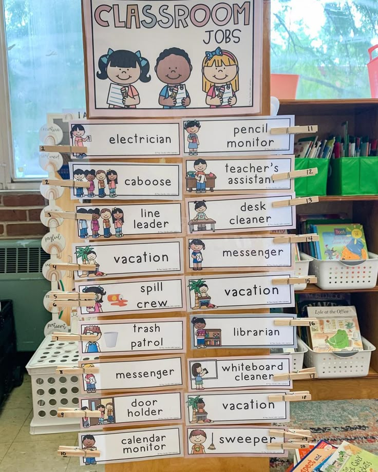 classroom signs are stacked on top of each other in front of a bookshelf