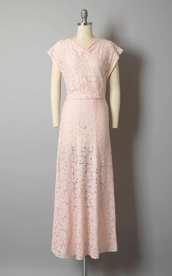 Vintage 1930s Gown | 30s Sheer Cotton Lace Light Pink Full Length Wedding Bridesmaid Tea Dress (smal 1930s Gown, Vintage 1930s Dress, 30s Dress, Dust Bowl, 1930s Dress, 1930s Fashion, Retro Clothing, Wedding Bridesmaid, Maxi Gowns