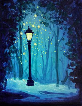 a painting of a street light in the snow at night with lights shining on it