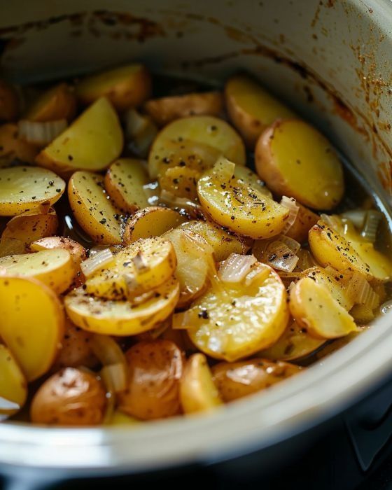 cooked potatoes with seasoning in a slow cooker