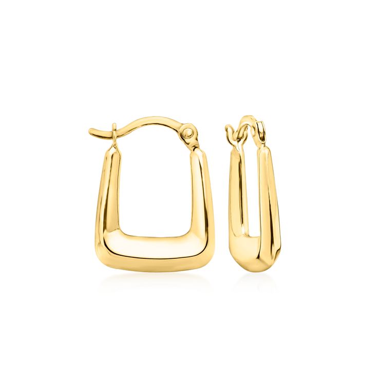 Ross-Simons - 10kt Yellow Gold Squared Huggie Hoop Earrings. 5/8". Canaria fine jewelry. Perfect for everyday wear, these genuine 10kt gold wardrobe essentials are fashionable, fun and designed to last a lifetime. Strong and durable, our collection of gold classics is always a great value. These 10kt yellow gold huggie hoop earrings have on-trend appeal with their chic squared design inspired by geometrics. Hanging length is 5/8". Snap-bar, 10kt yellow gold squared huggie hoop earrings. Gold Plated Huggie Hoop Earrings, Gold Wardrobe, Gold Huggie Hoop Earrings, Pearl Jewelry Shop, Pearl Shop, Natural Gold, Pearl Gemstone, Stone Engagement, Huggie Hoop Earrings