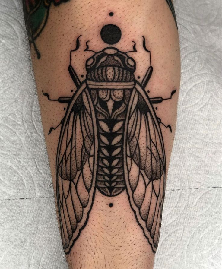 a black and white tattoo on the leg of a man with a fly insect design