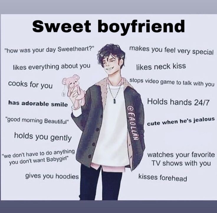 a man standing in front of a poster with words written on it and the caption saying, sweet boyfriend