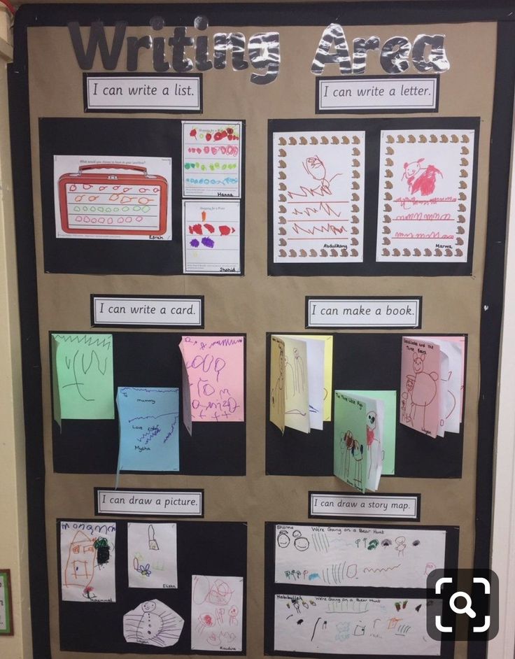 a bulletin board with writing and pictures on it