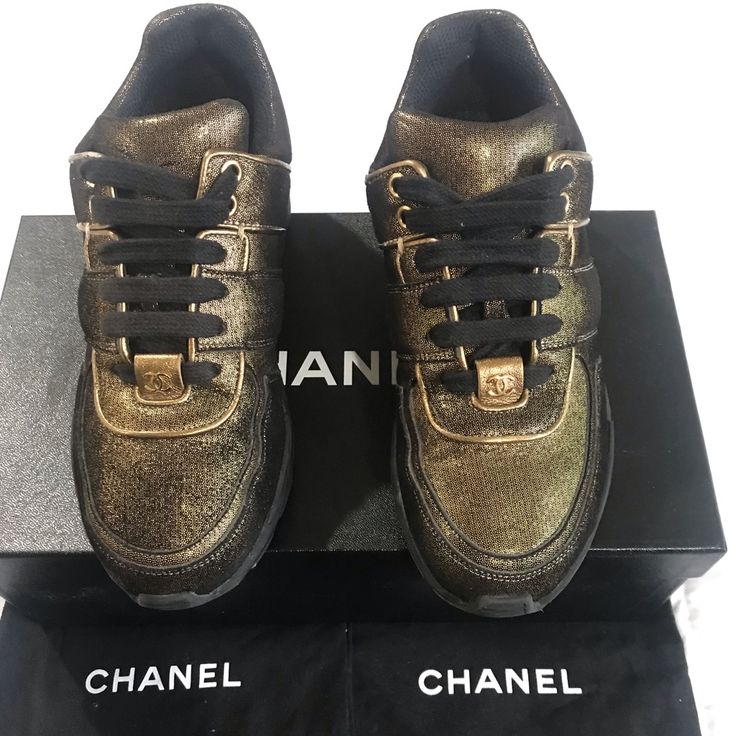 Beautiful And Authentic Chanel Sneakers Size 6. These Beautiful Shoes Are In Great Used Condition. These Beauties Come With Box And Dust Bags. Chanel Sneakers, Sperry Sneaker, Chanel Shoes, Beautiful Shoes, Gold Black, Womens Shoes Sneakers, Dust Bag, Shoes Sneakers, Chanel