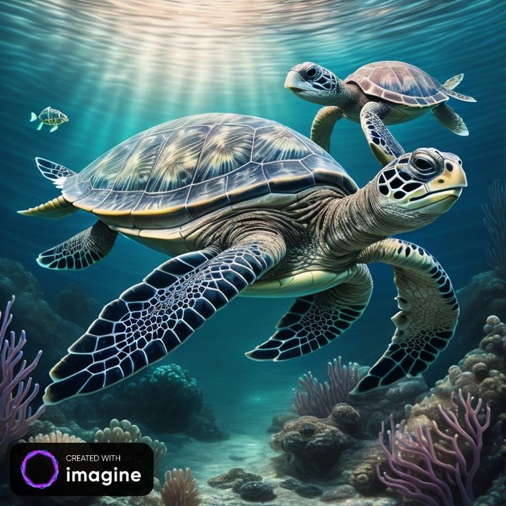 two sea turtles swimming in the ocean with corals and other marine life around them