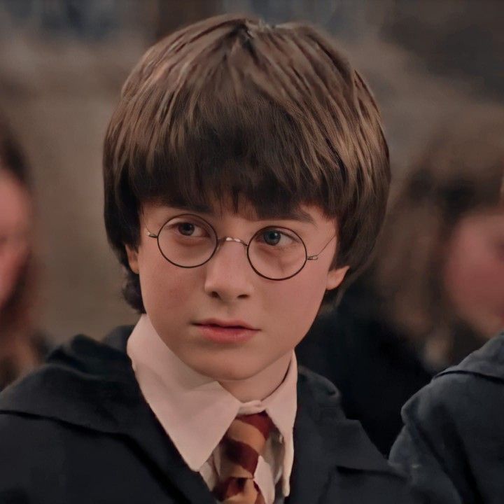 a young boy wearing glasses and a harry potter outfit in front of other children with their hands behind his back