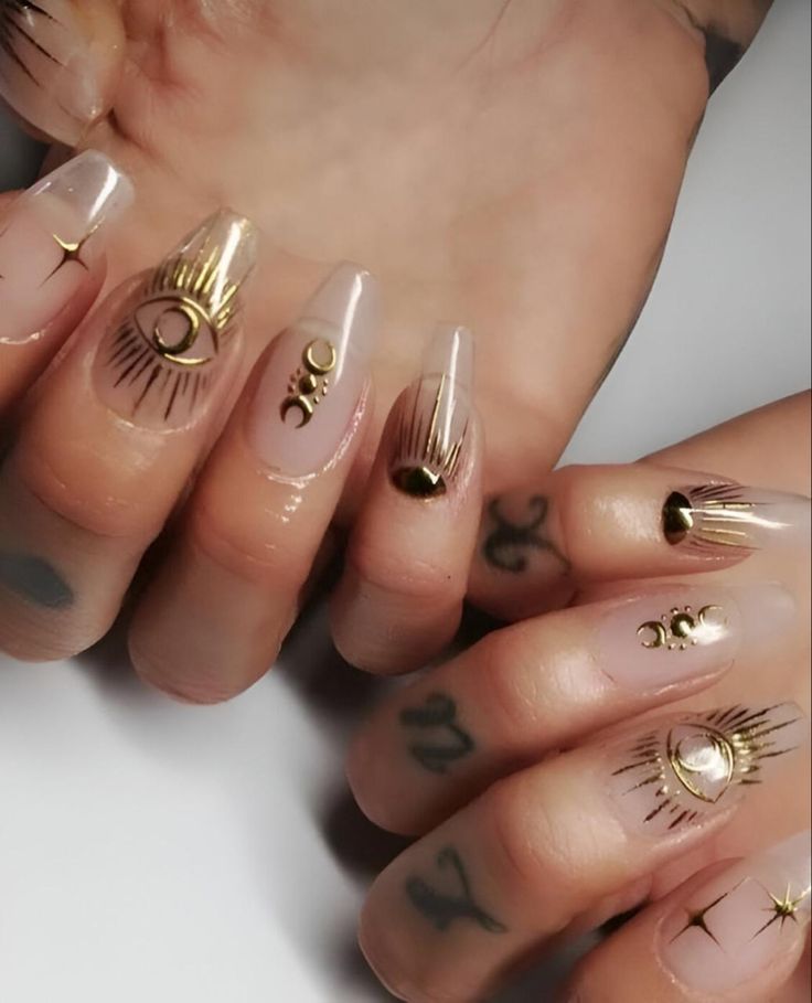 Crystal Inspired Nails, Spiritual Nail Art, Evil Eye Nails Design, Subtle Halloween Nails, Protection Nails, Celestial Nail Art, Star Nail Designs, Evil Eye Nails, Boho Nails