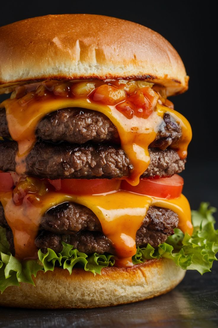 Double cheeseburger with dripping melted cheese, tomato slices, and lettuce.