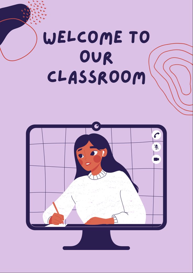 a woman sitting in front of a computer screen with the words welcome to our classroom