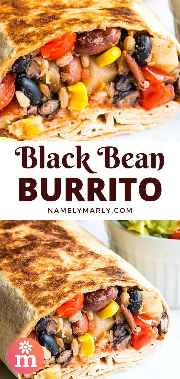 black bean burrito cut in half and stacked on top of each other