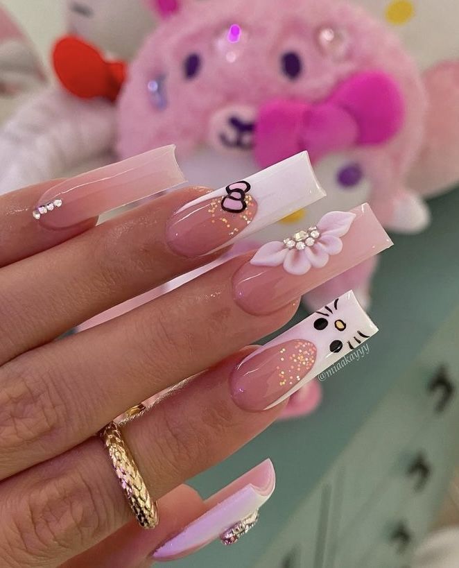 Kawaii Acrylic Nails Hello Kitty, Different Pinks French Tip Nails, Pretty Nails For School, Xv Pink Nails, Virgin Mary Charm Nails, Nails Poly Gel Ideas, Spider Charm Nails, Simple Sets Nails, Pink Glam Nails Long