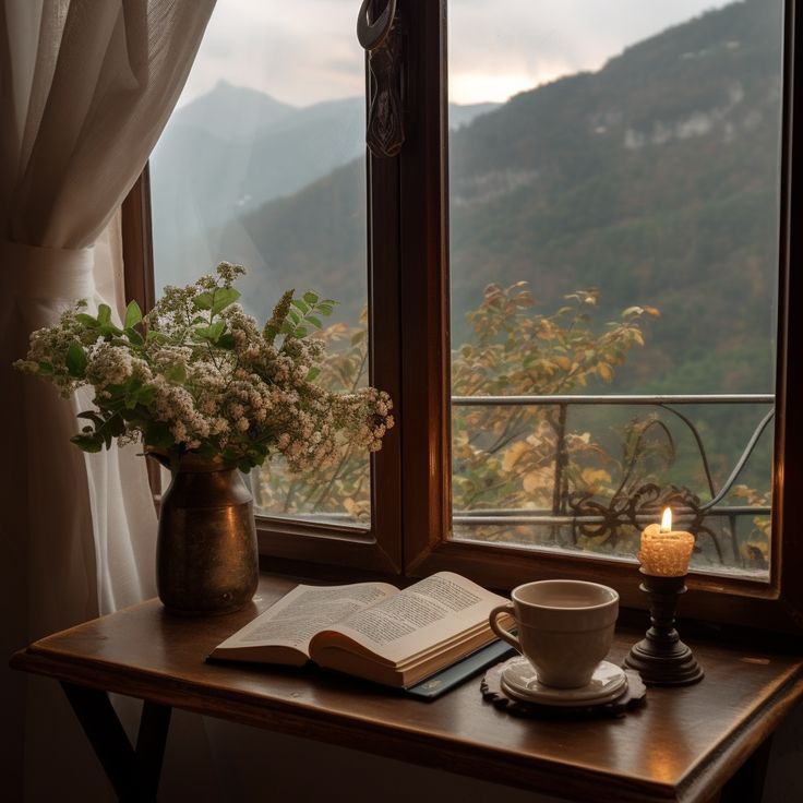 a table with a book, cup and candle on it in front of a window