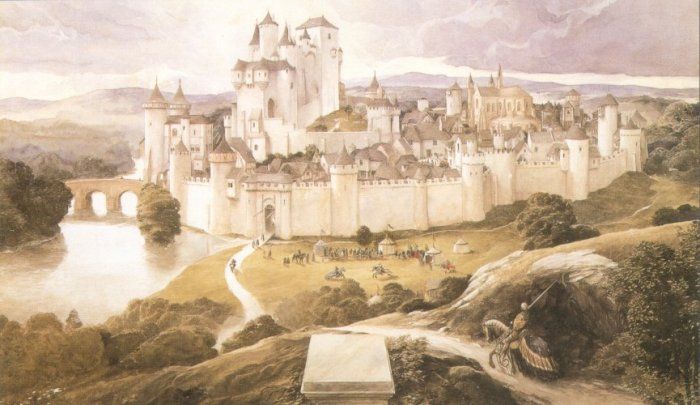 an old painting of a castle with people on it