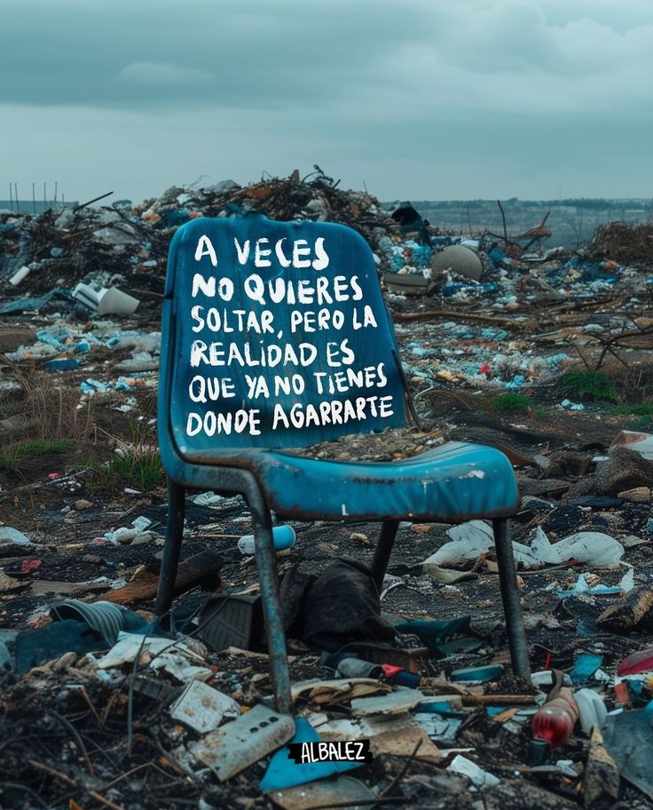 a blue chair sitting on top of a pile of trash