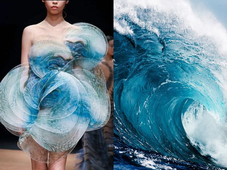 two images one is blue and the other has an image of a woman in a dress