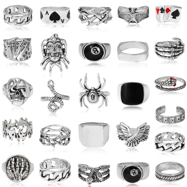 PRICES MAY VARY. Vintage Silver Punk Rings: You will receive 26 pieces silver punk rings in one ring set, including snake ring, skull ring, signet ring, link chain ring, wing ring, poker ring, thorn ring and etc. Multiple types of punk rings provide you with different collocation choice every day, make you look cool and different. Gothic Chunky Rings: Most of the gothic rings are large in size 8--10, so more for a man or large women's hands. which can easily match your daily different outfits, s Gothic Rings Aesthetic Men, Punk Rings Men, Cool Chunky Rings, Emo Jewelry Men, Emo Rings Men, Y2k Rings Men, Vintage Rings Men, Chunky Rings Men, Types Of Punk