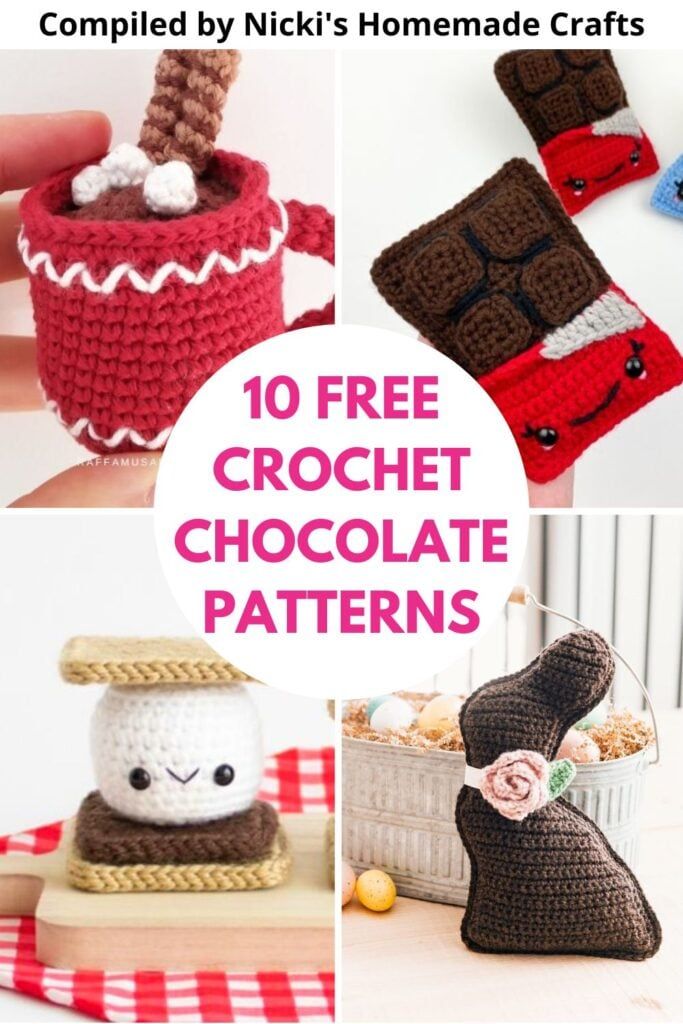 crochet patterns for small baskets and purses with text overlay that says 10 free crochet chocolate patterns