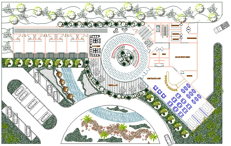 an aerial view of a building with trees and landscaping around it, as well as a plan for the surrounding area