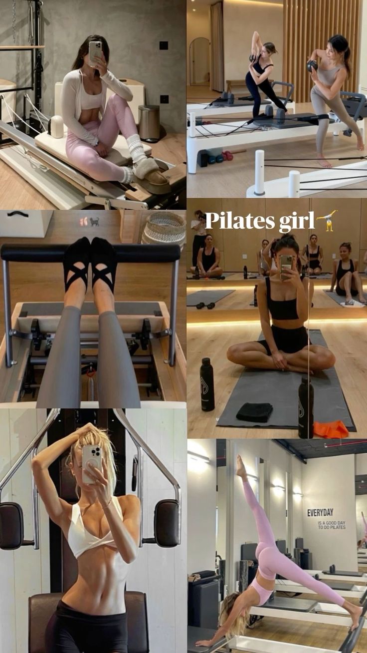 there are many pictures of women doing pilatess in the gym and on the treadmill