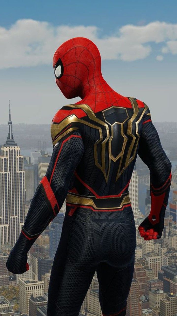 the amazing spider - man is standing in front of a cityscape