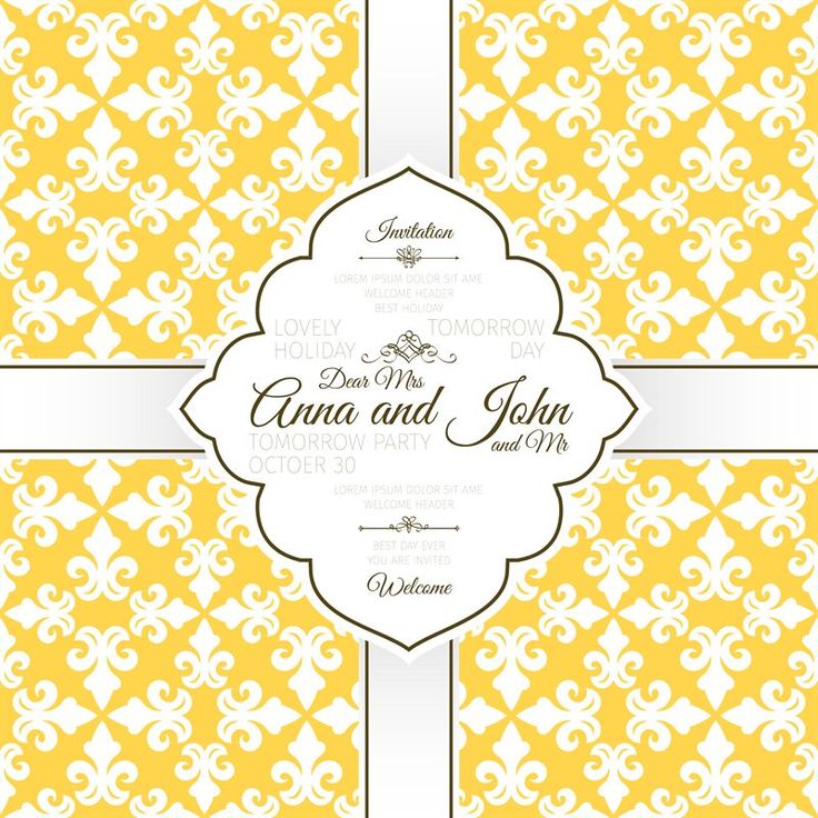 an elegant wedding card with yellow and white