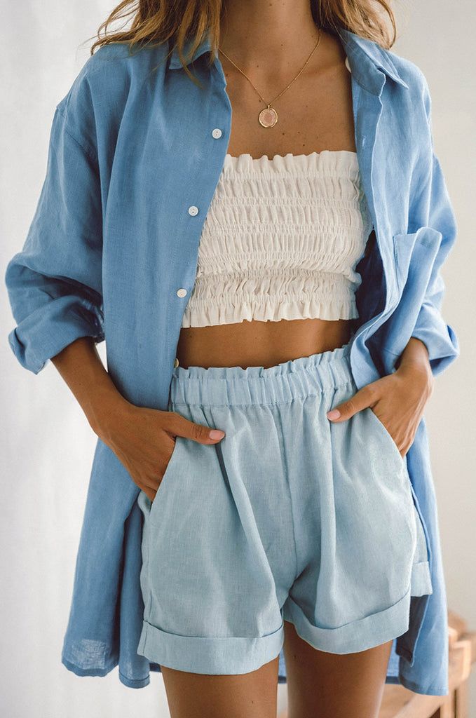 SUMMER Shorts - sky blue linen Nighttime City, Oversized Tailoring, Summer Linen Shirt, Golden Jewellery, Shirt Dress Summer, Linen Shirt Dress, Summer Linen, Linen Shorts, Soft Light