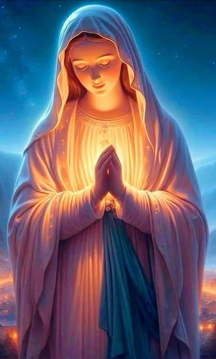 the virgin mary with her hands folded in prayer and lights shining down on it's face