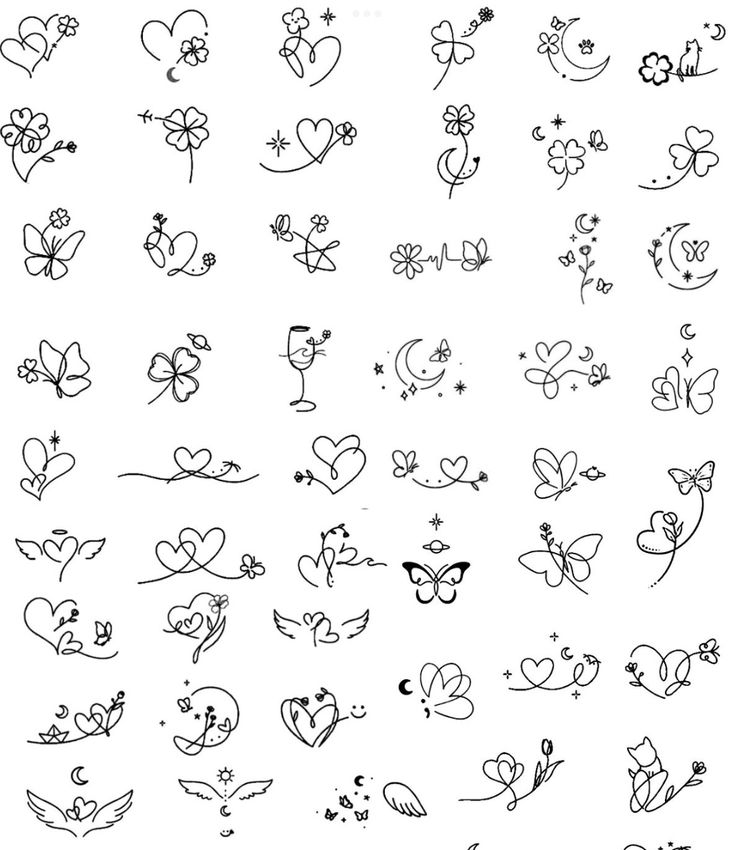 the different types of hearts and flowers are drawn in black ink on a white background