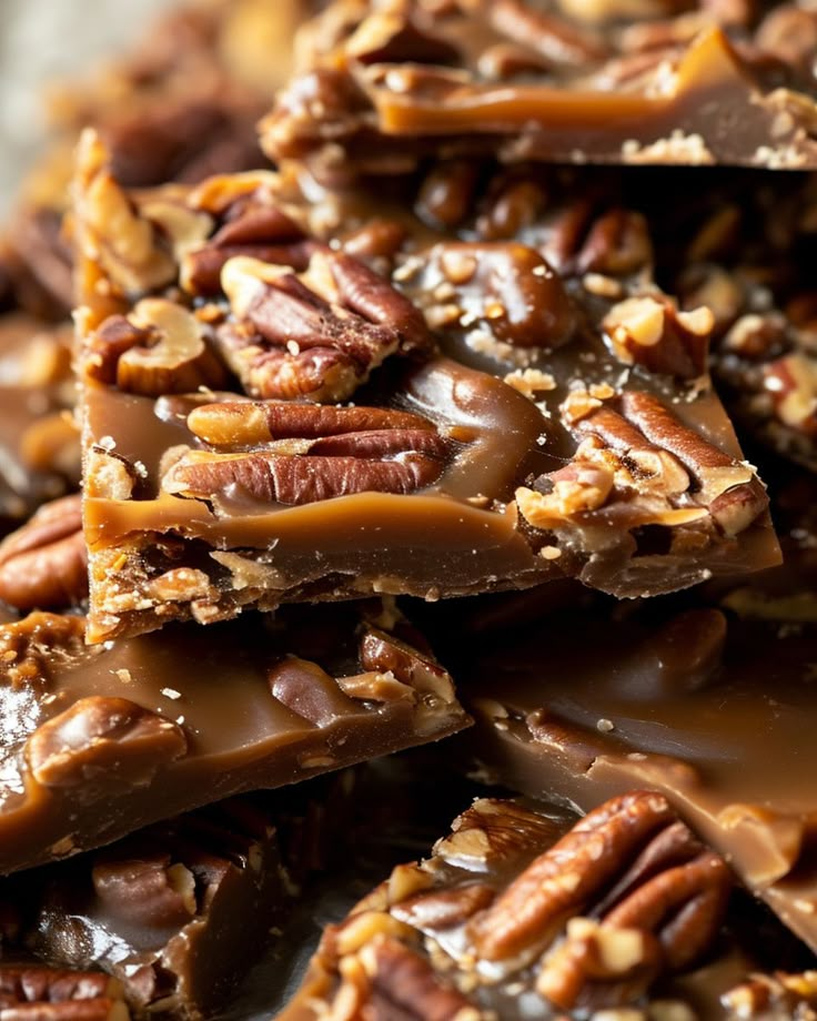 there are many pieces of chocolate and pecans on top of each other with nuts