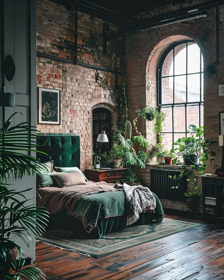 a bedroom with brick walls and wooden flooring is pictured in this image, there are plants on the bed