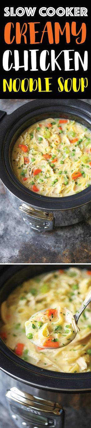 two pictures showing how to make creamy chicken noodle soup in the slow cooker