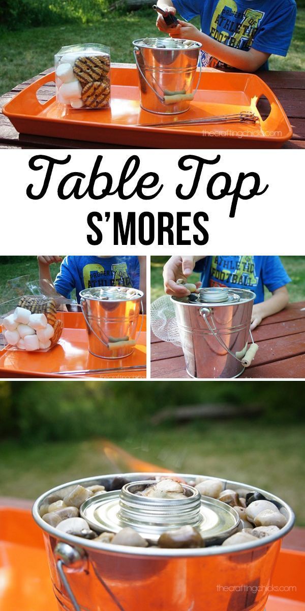 an orange table topped with lots of food and drinks on top of a wooden table